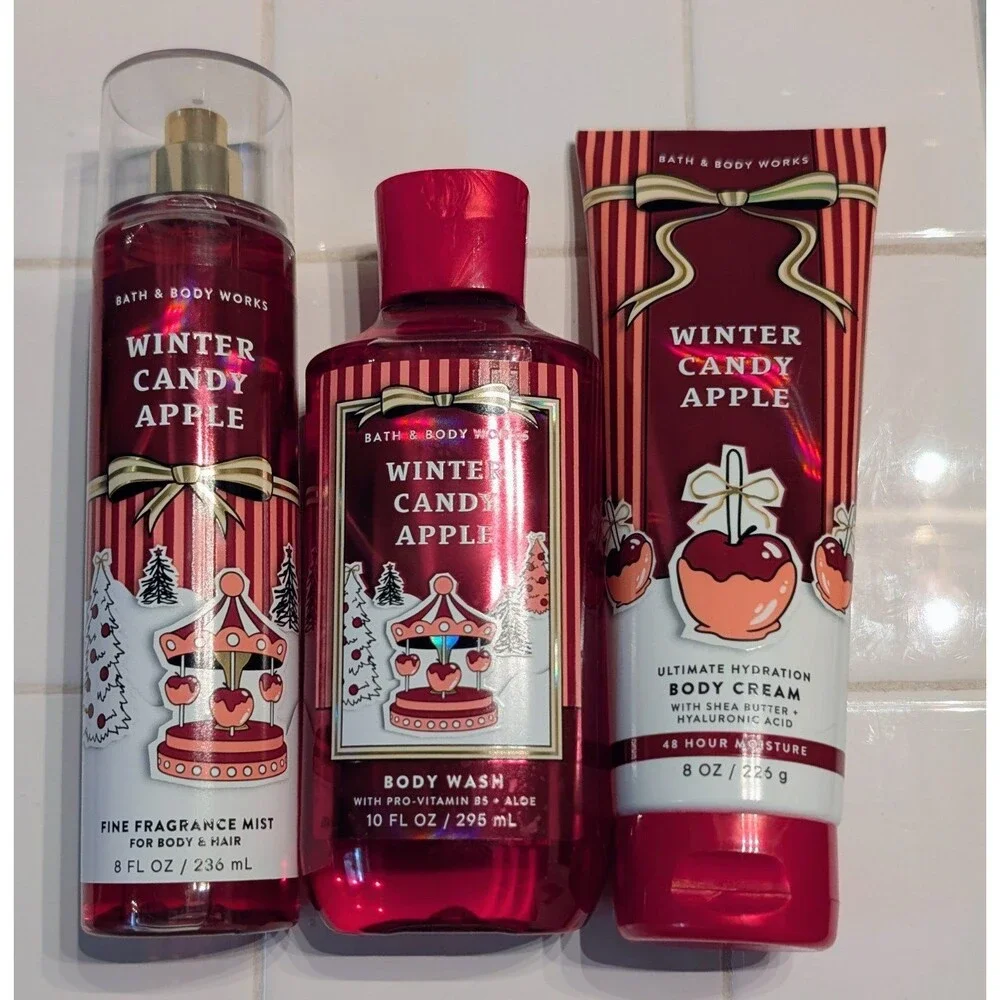 Bath & Body Works Winter Candy Apple 3-Piece Set Mist Wash Cream New